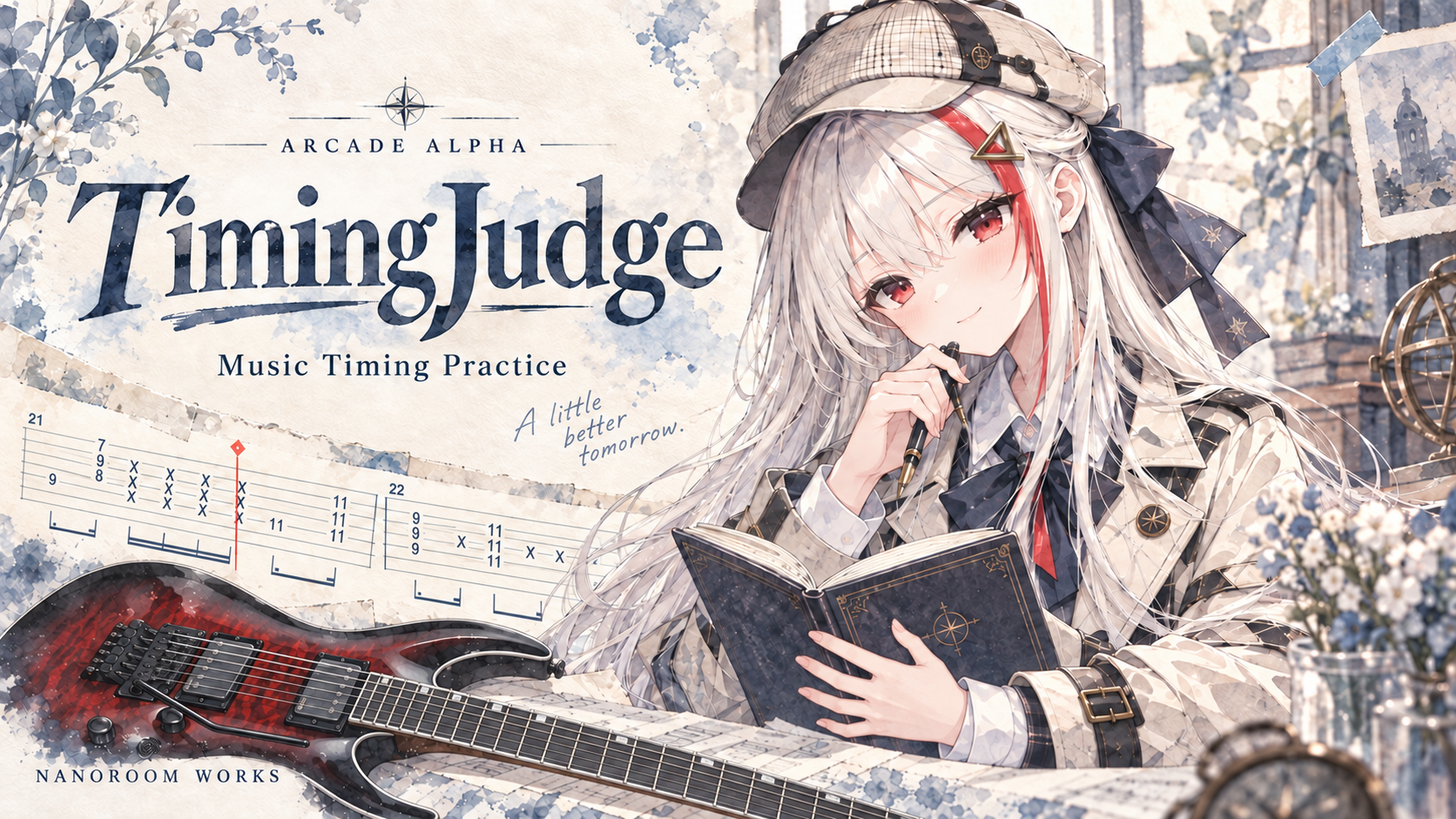TimingJudge Arcade watercolor artwork featuring Runa and an electric guitar